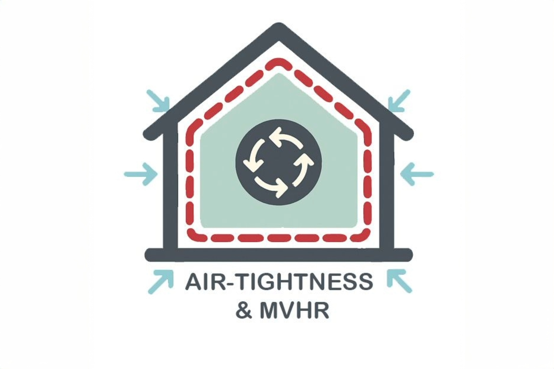 Illustration of a Passivhaus building envelope highlighting airtight construction and MVHR system airflow, representing energy-efficient and healthy indoor environments