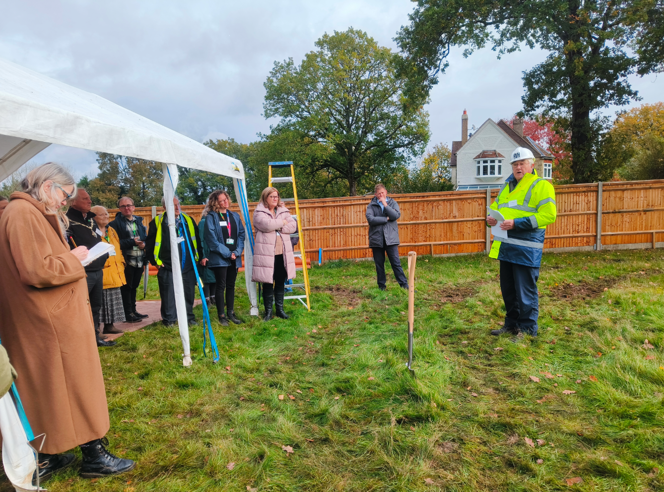 Ground-breaking ceremony at Rowledge Village Hall with trustees, Mayor of Farnham, and community members