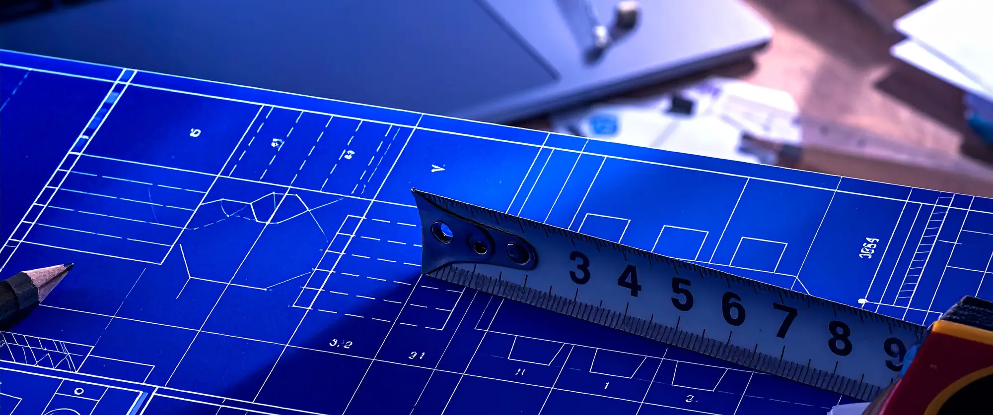 Construction plan on a desk with stationery laying around