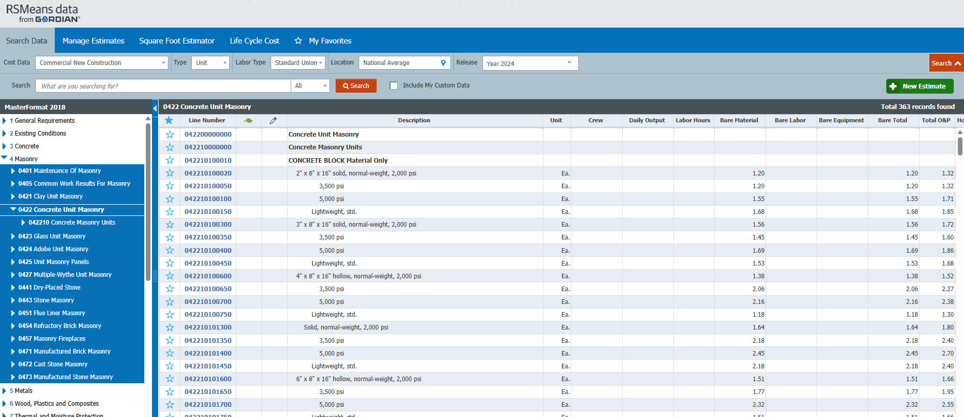 Screenshot of RSMeans Data Online