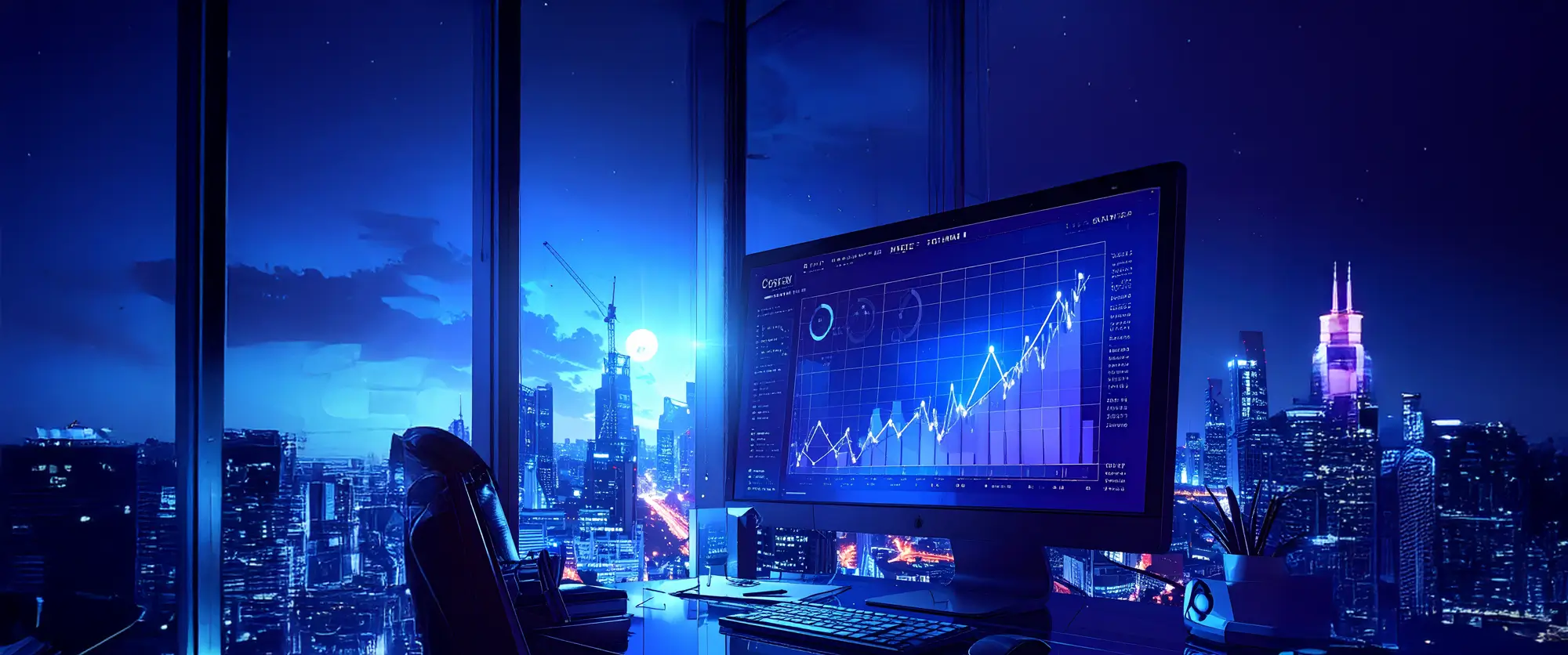 Construction data on a monitor in an office with nighttime city view