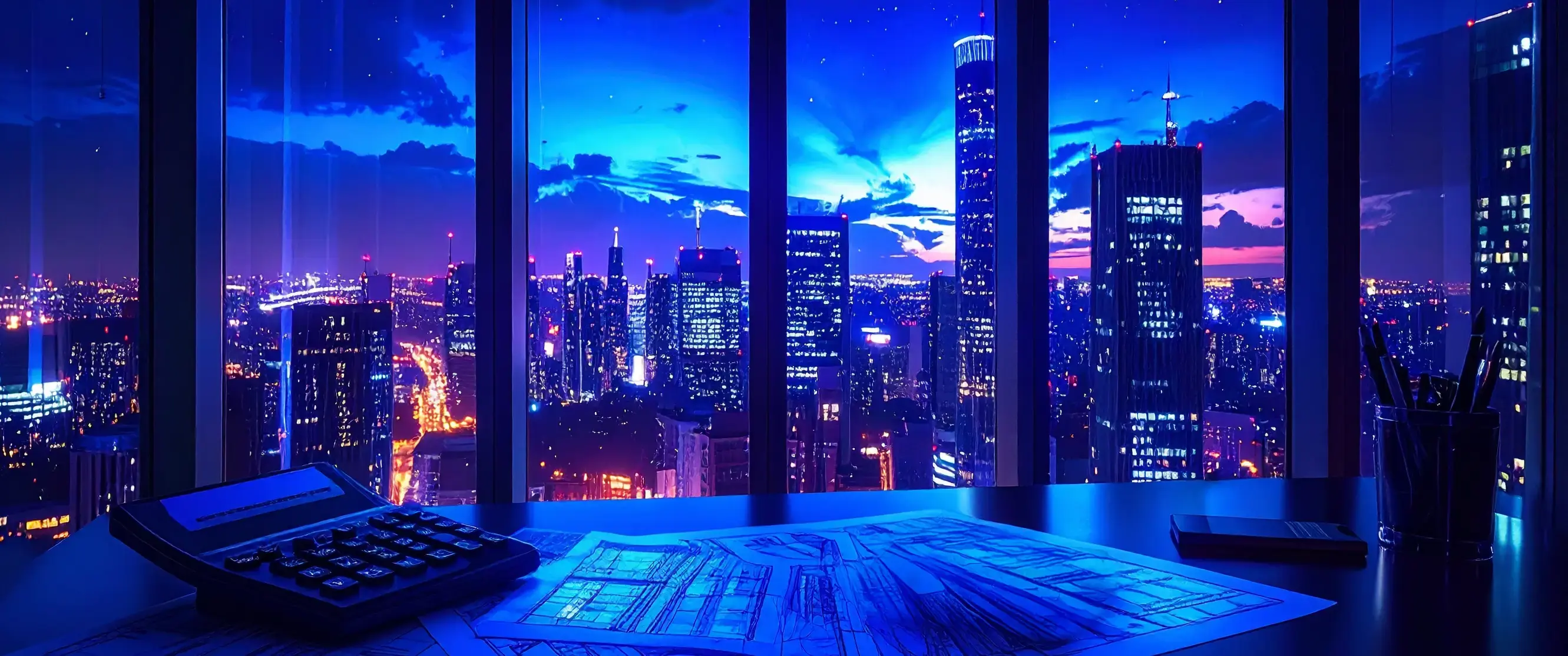 Night view of an office table with a calculator and construction plans, night-time cityscape in the window