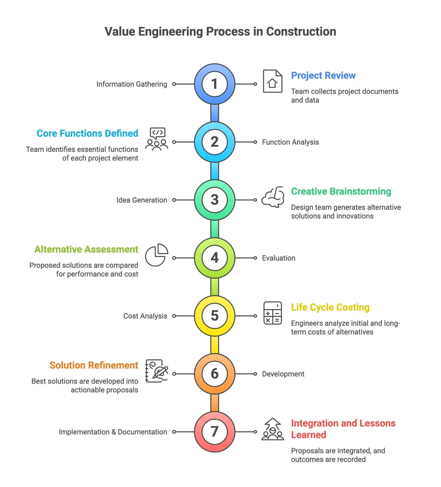 Infographic outlining the value engineering process: information gathering, function analysis, idea generation, evaluation, cost analysis, development, and implementation.