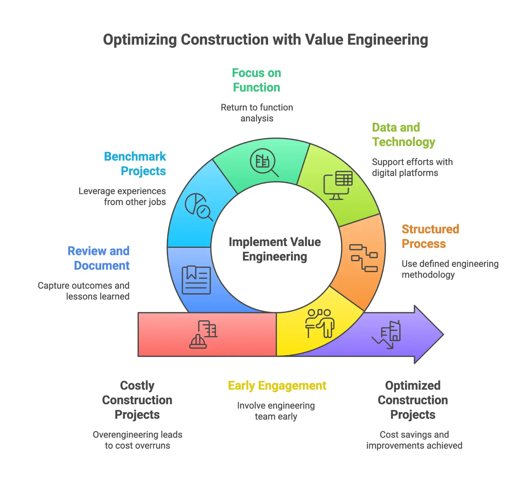 Infographic showing best practices for applying value engineering: early involvement, structured process, use of data and technology, focus on function, benchmarking, and continuous documentation.