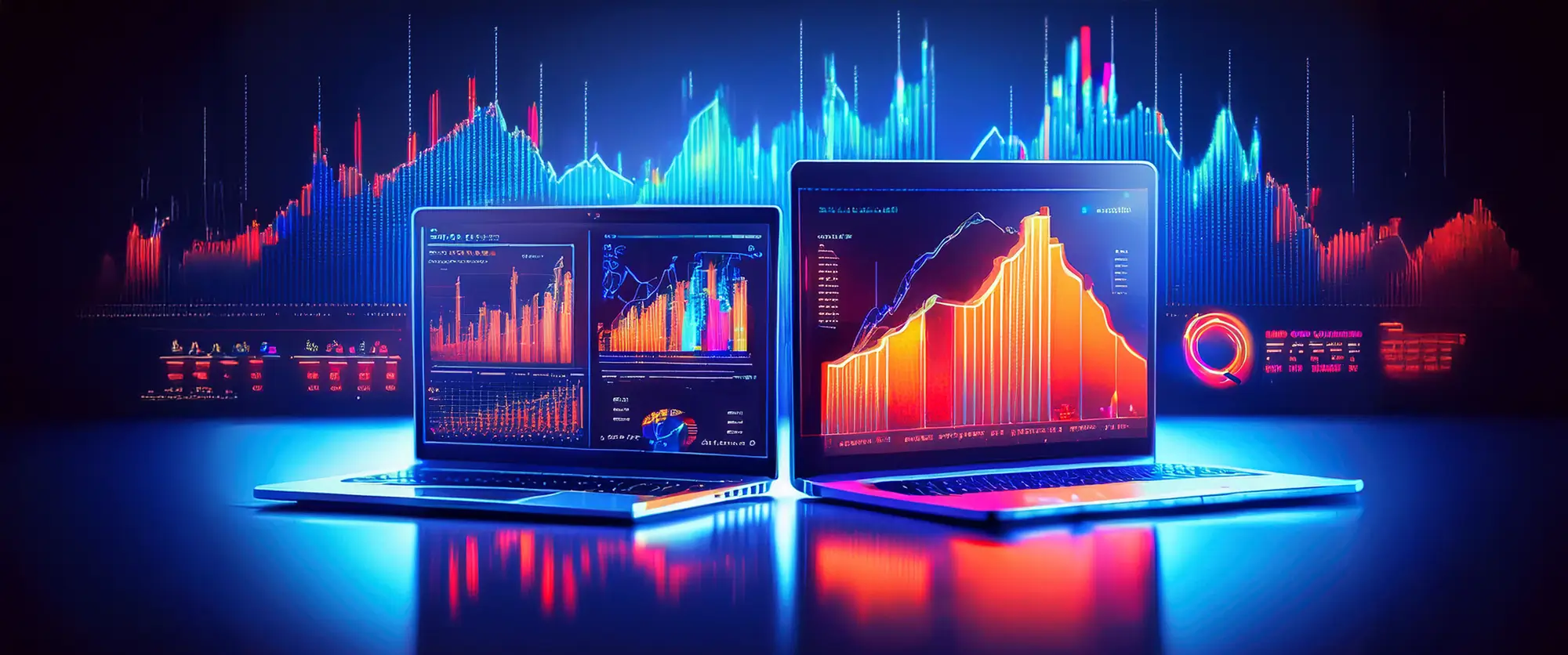 Two modern laptops placed side by side on a desk, both screens displaying business dashboards.
