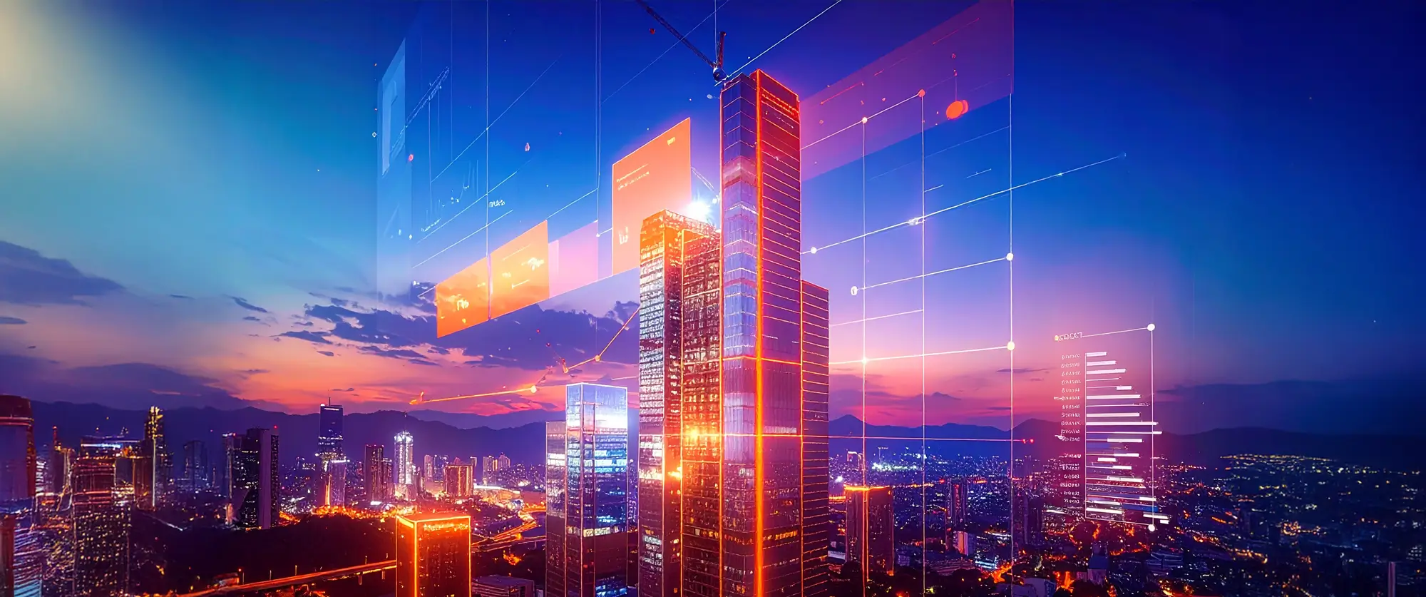 Wide-angle view of a city skyline under construction with multiple skyscrapers, cranes, and steel frameworks visible. Scene tinted in dark blue tones, early evening lighting. Transparent digital overlays in bright orange showing cost estimates, budget totals, line-item breakdowns, percentages, and comparison charts floating over the buildings.