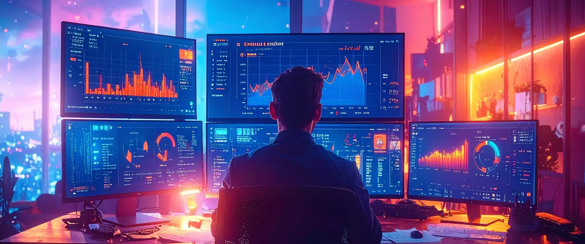 A project manager sitting at a desk with multiple monitors displaying different cost management views: budgeting, cost tracking, forecasting, and reports. Dark blue interface with orange charts and numbers. Realistic office environment, professional atmosphere.