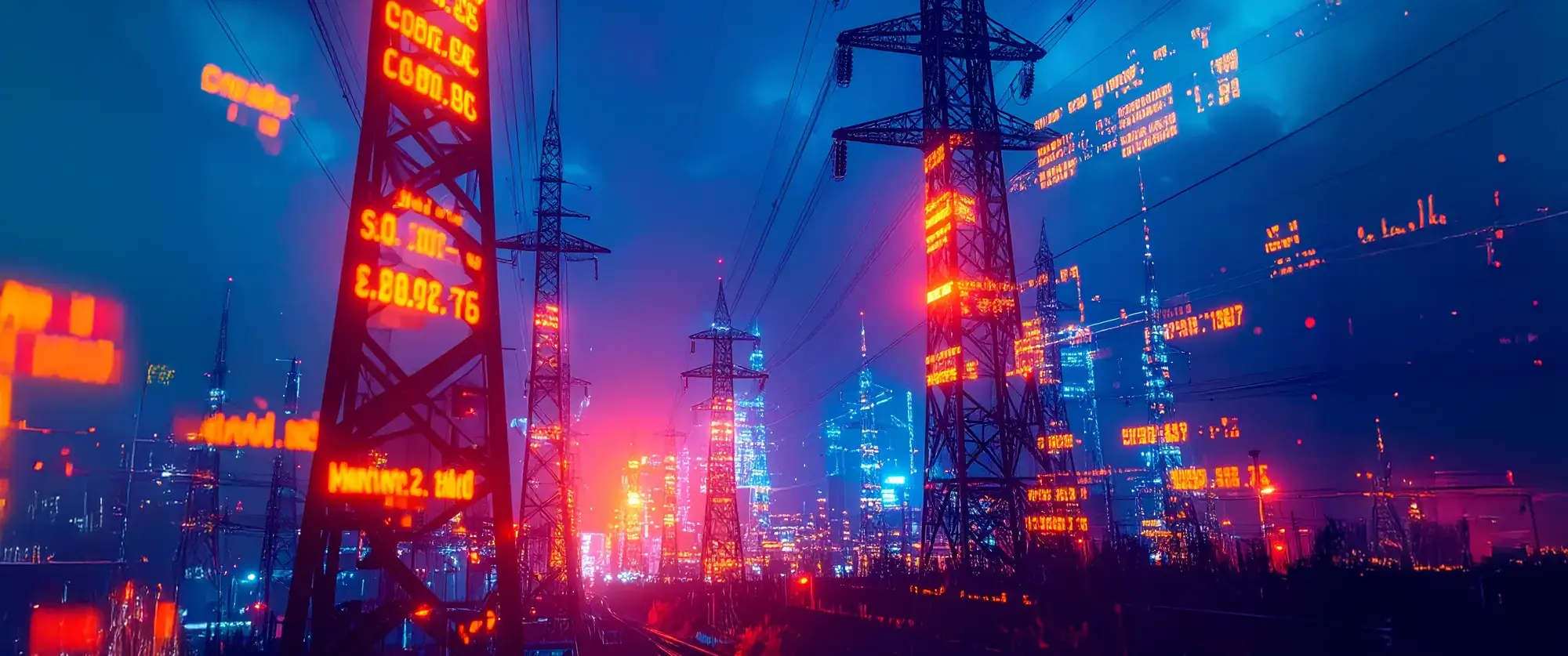 Close-up view of EHV transmission towers and power lines. On the side, a digital overlay shows cost estimation data including materials, labor, and total costs in orange-highlighted tables. Dark blue background, high detail, realistic industrial scene.