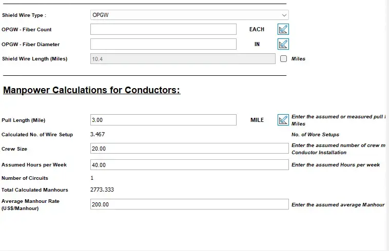 CostOS interface showing terrain classification, right-of-way calculations, and civil works inputs for transmission line cost estimation
