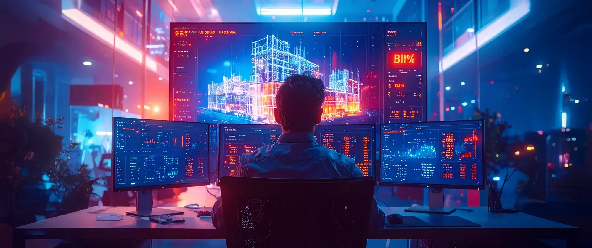 Over-the-shoulder view of an office worker sitting at a desk, seen from behind, facing a three-monitor setup. The screens display BIM software with a detailed 3D building model, cost tables, and project data panels. Dark blue interface with orange-highlighted cost figures and quantities. Modern office environment, clean desk, realistic lighting, sharp focus, high detail, professional corporate style.