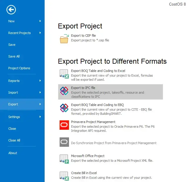 CostOS export menu showing option to export project data and cost-loaded BIM model to IFC file