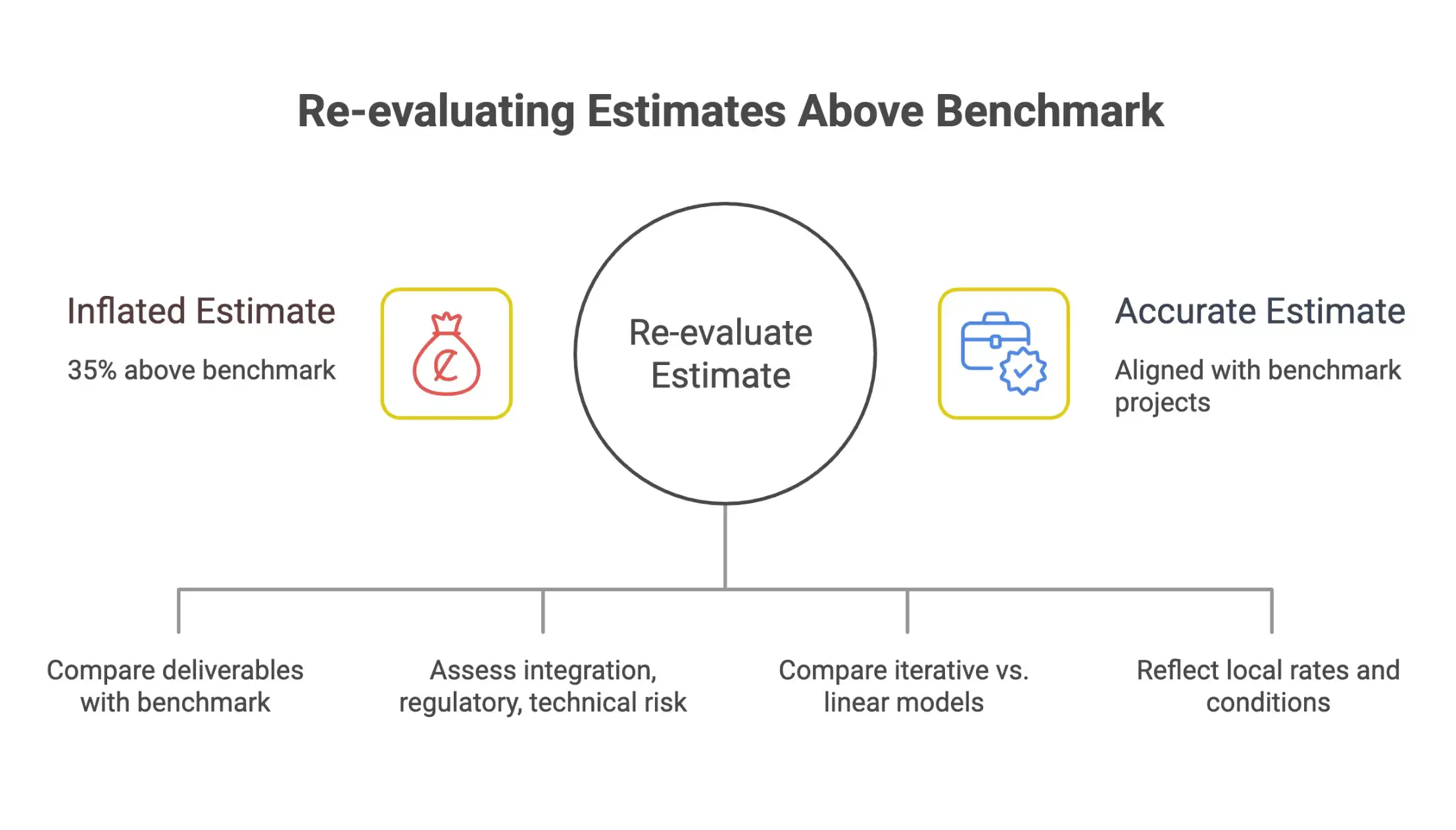 Infographic explaining benchmarking root-cause analysis, including validating project scope alignment, complexity levels, delivery methods, and location-based cost adjustments before comparing estimates.