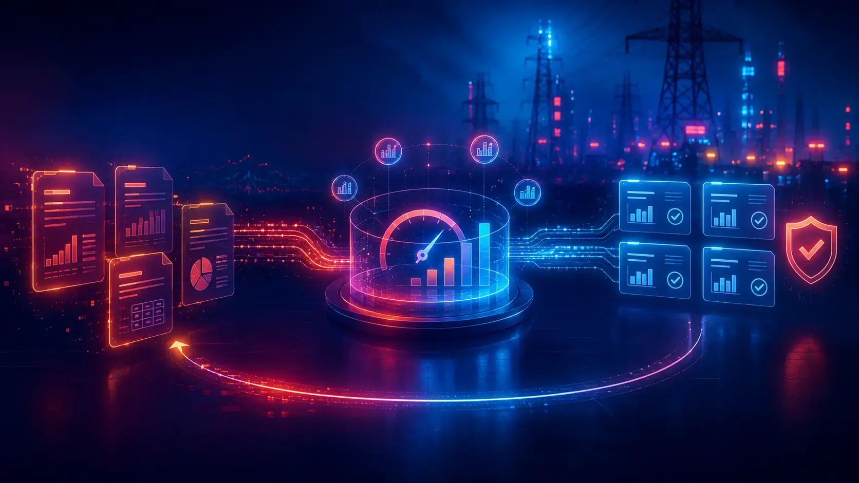 Neon project estimating workflow visualization showing early estimate documents flowing into a benchmarking gauge, then becoming validated benchmark cards for more confident project cost decisions.