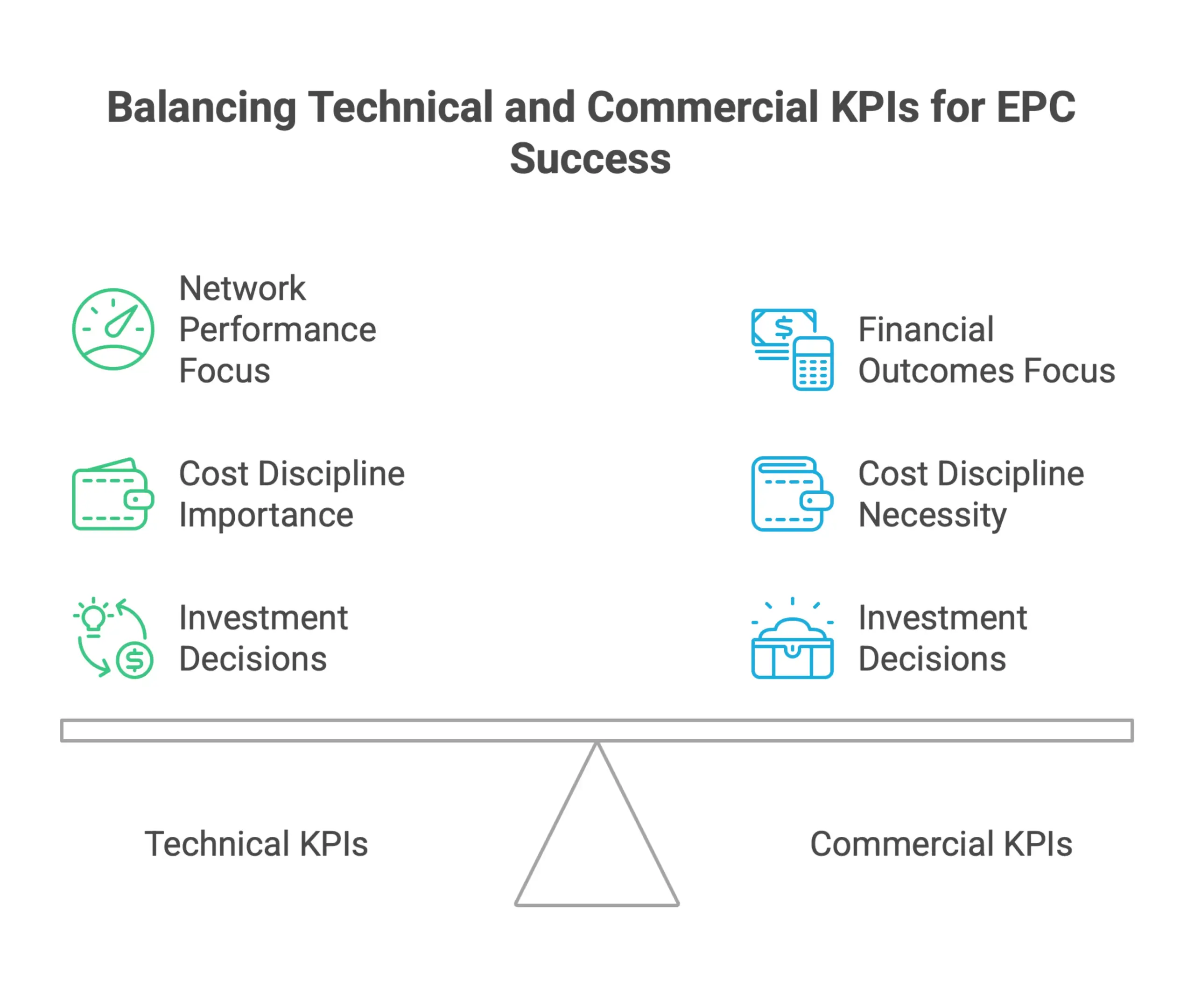 Infographic-style EPC commercial benchmarking framework showing Opex, Capex, cost-to-serve, and peer positioning metrics used to compare network economics, investment efficiency, and operator cost performance.