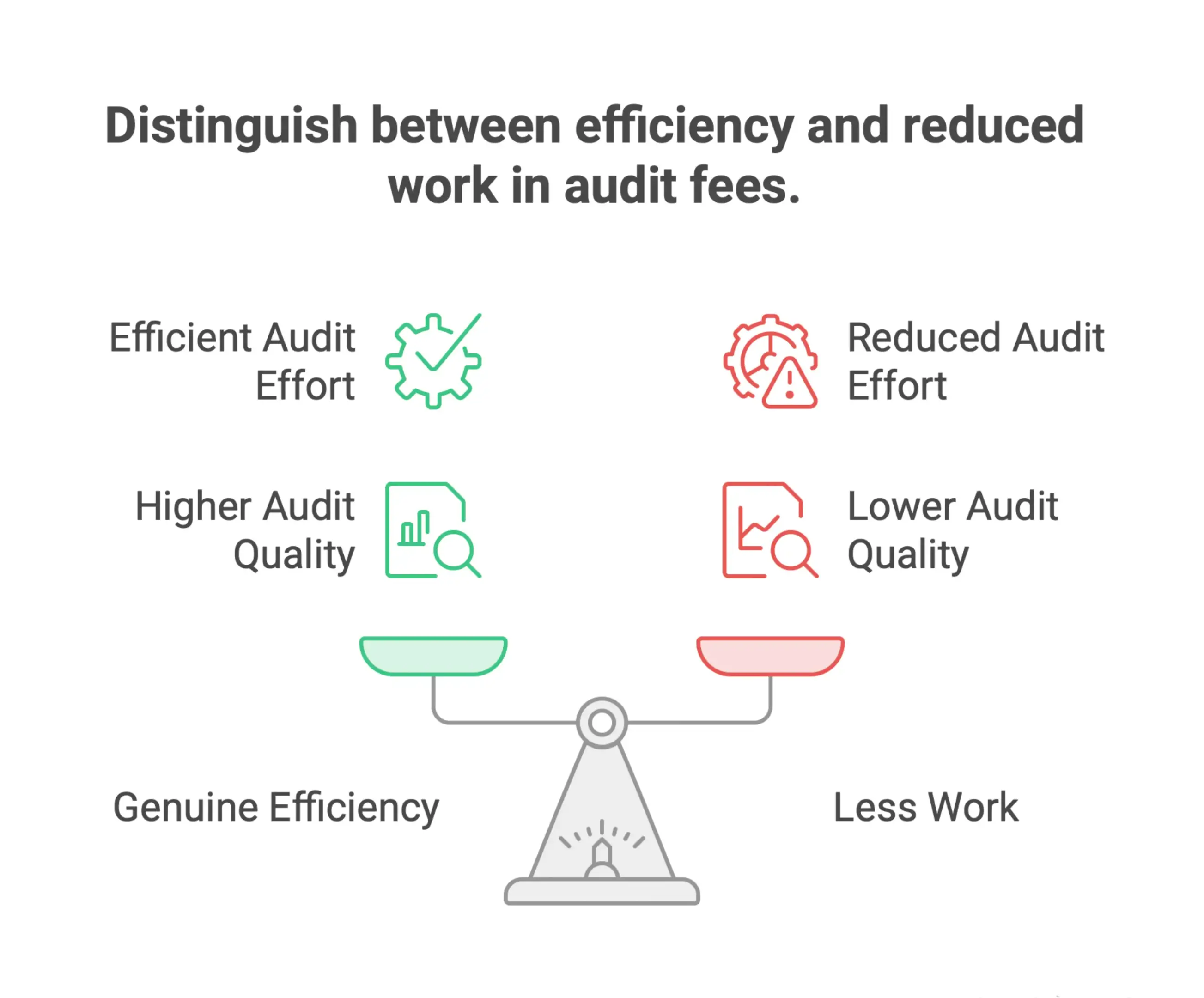 Infographic showing how excessive audit fee pressure can reduce audit effort through fewer hours, junior staffing, shorter reviews, and less testing, potentially weakening audit quality.