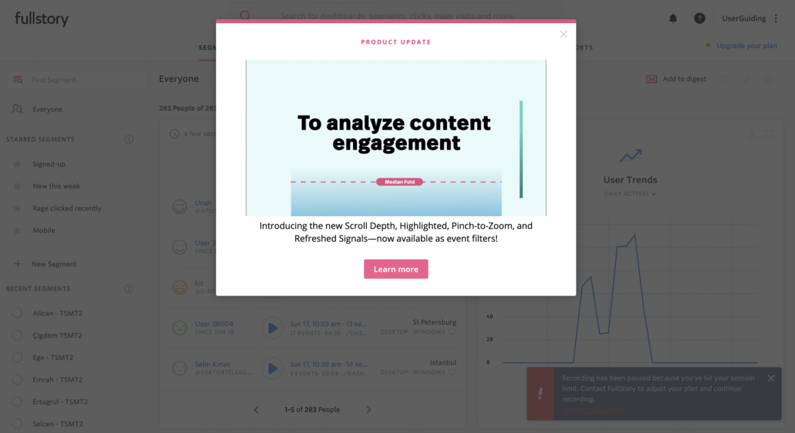 guia interativo de atualização do produto do fullstory