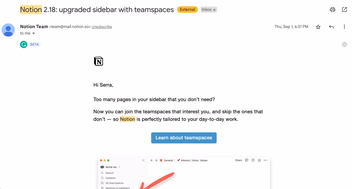 notion nouvelle fonctionnalité onboarding email