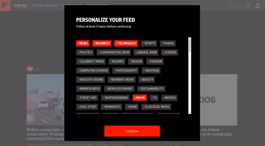 exemplo de pesquisa in app do flipboard