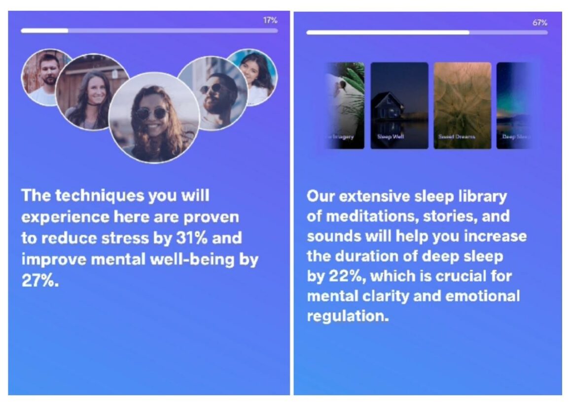 Exemplos de telas de onboarding meditopia estatísticas de cadastro