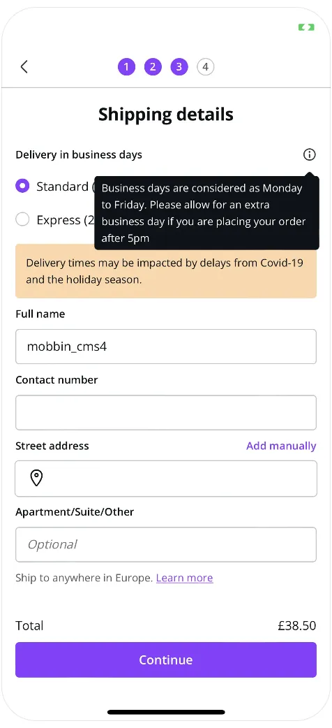 A screenshot of a tooltip example clarifying the delivery details.