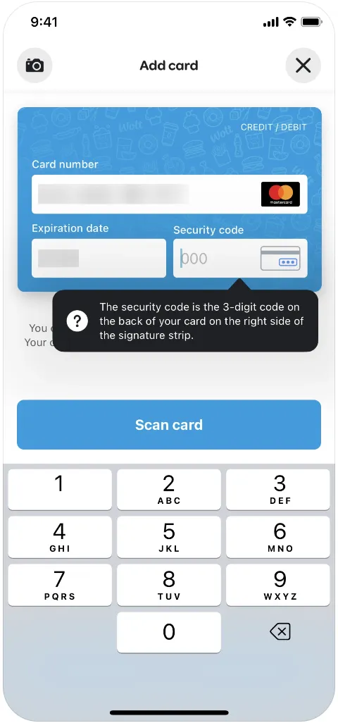 A screenshot of a tooltip example defining the security code and describing its place on the credit card to the user.