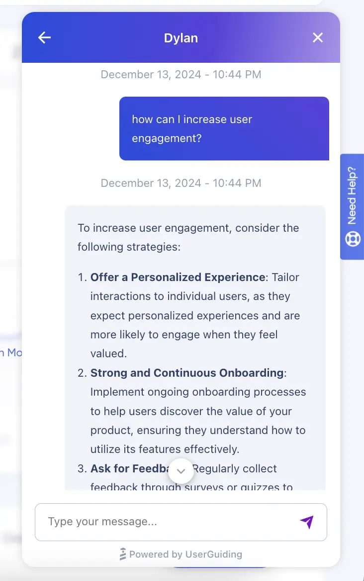 An example guide on how to increase engagement. Created by UserGuiding’s chatbot, Dylan.