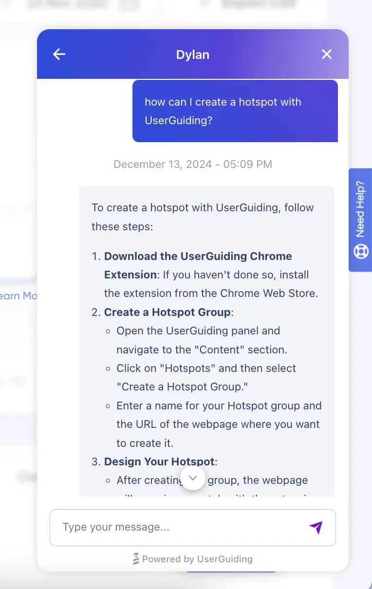 An example guide on creating a hotspot with UserGuiding. Created with UserGuiding’s chatbot Dylan.