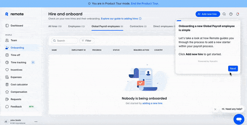 An example interactive guide from Remote showing how to add a new employee.