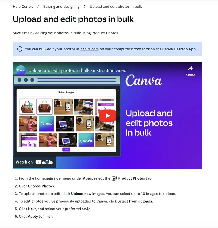 An example guide on bulk editing photos in Canva.