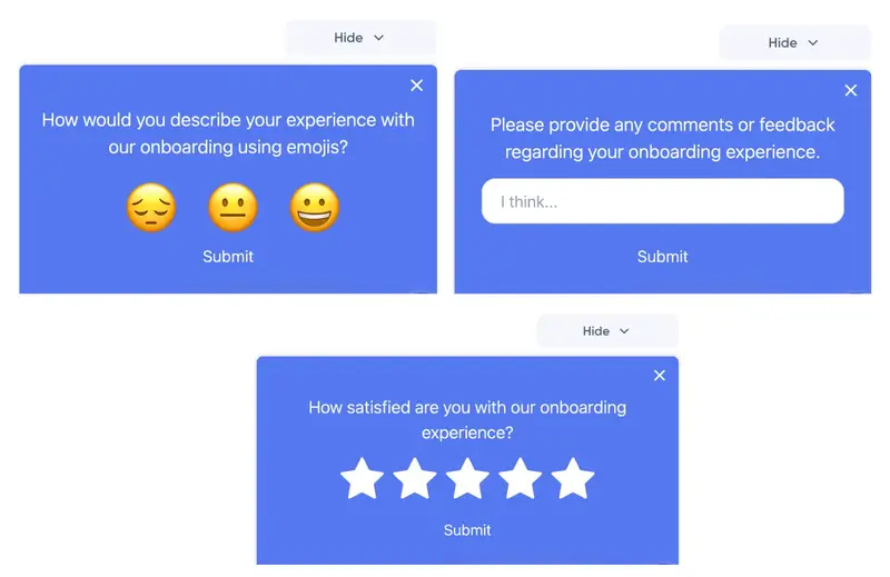 A set of different in-app surveys to gather feedback about a user's onboarding experience.