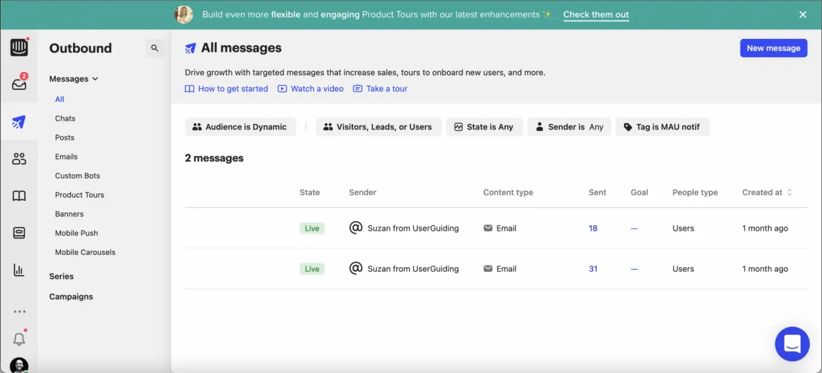 website notification bar intercom