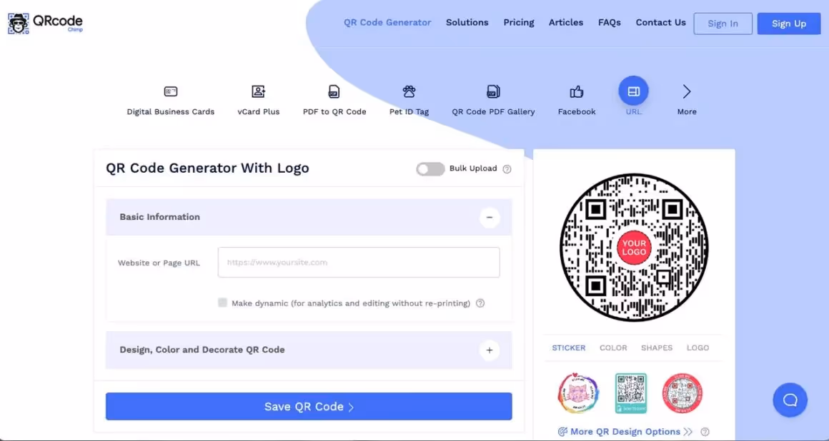 QRcodeChimp generator tool page showing the window to add the website or page URL to create a QR code with a logo.
