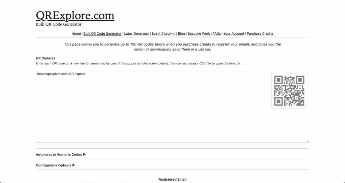 QRExplore QR code generator tool homepage with a simple design showing a QR code in a window on the right side and some text explaining the use of the tool.