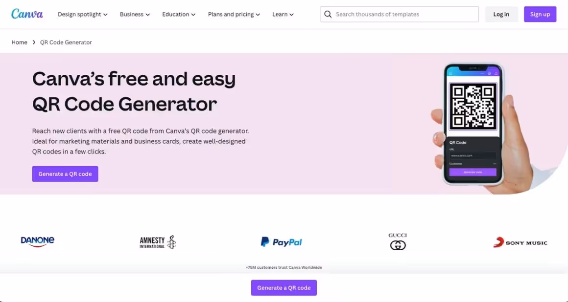 Canva QR code generator tool’s page with an illustration of a hand holding a smartphone with a QR code on its screen on the right side of the page and text on the left side that says “Canva's free and easy QR Code Generator”.