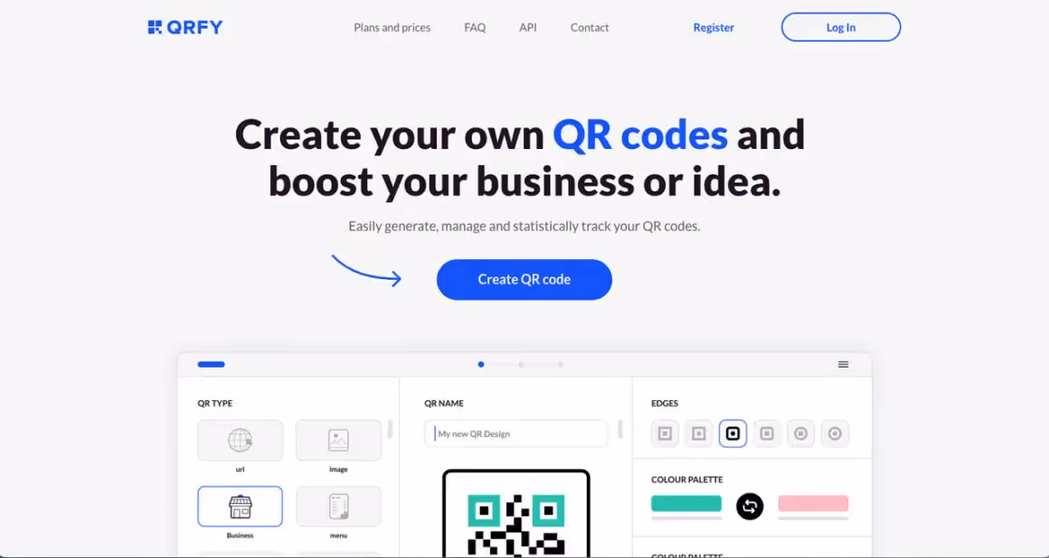 QRfy QR code generator tool homepage with a text on top of the page that says “Create your own QR codes and boost your business or idea.” and a blue CTA that says “Create QR code”.