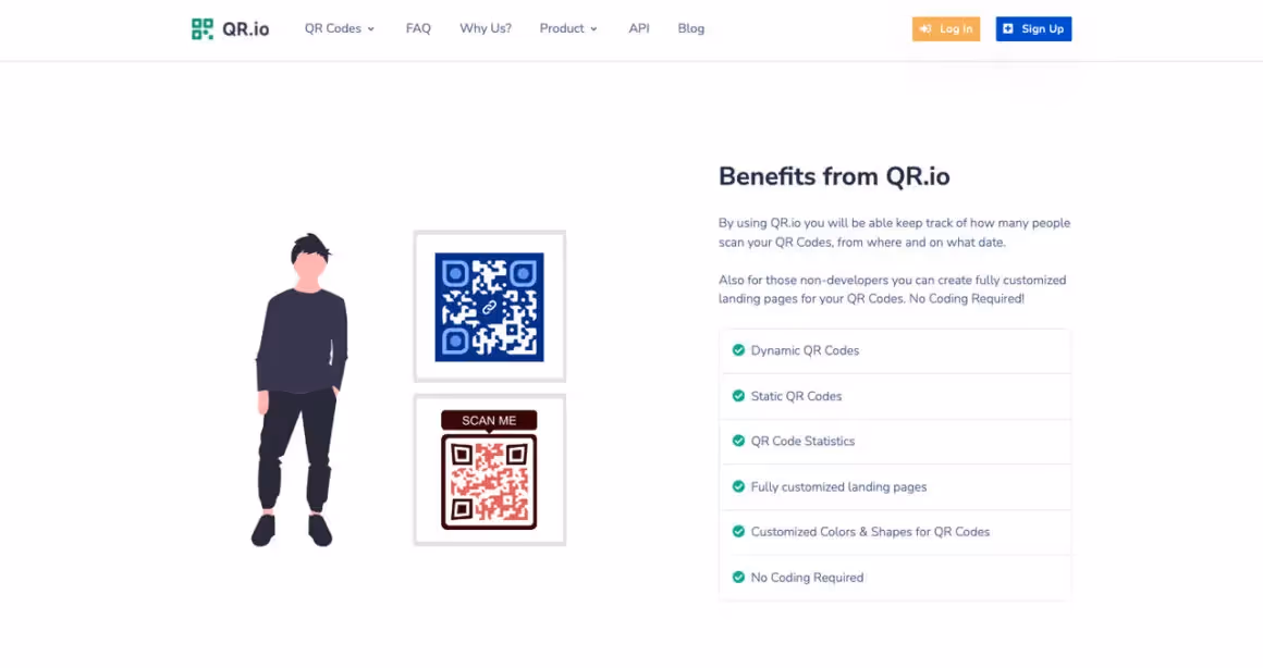 QR.io QR code generator tool’s homepage with an illustration of a boy and two QR codes on the left side of the page and some bullet points about the Benefits of QR.io on the right side.