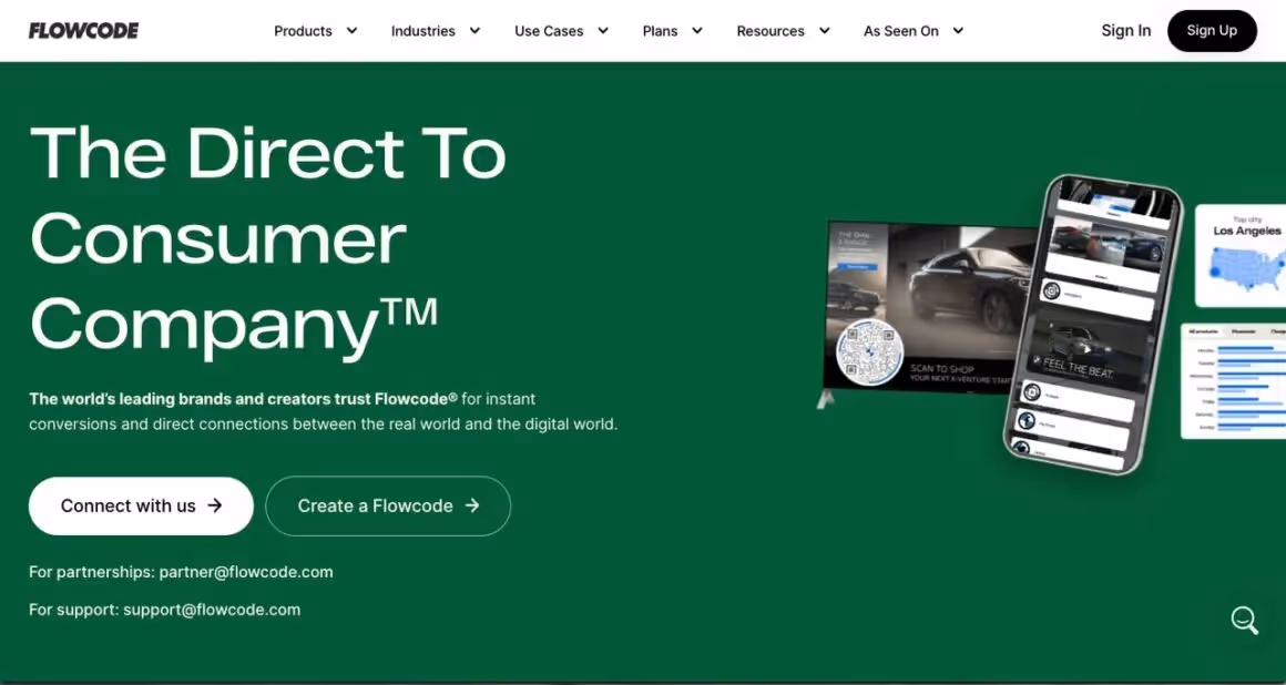 Flowcode QR code generator tool homepage with a dark green background and a text that says “The Direct To Consumer Company™” on the left side and images og two phones showing QR codes on their screen on the right side of the page.