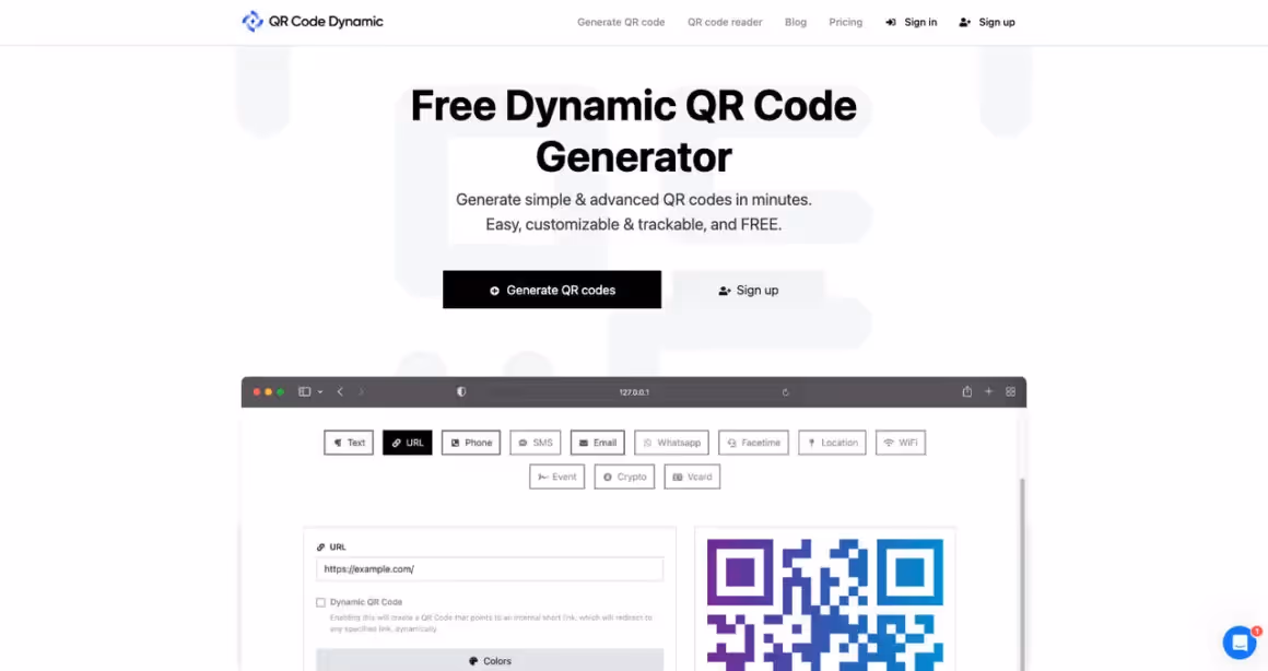 QR Code Dynamic generator tool’s homepage with a text on top of the page that says “Free Dynamic QR Code Generator” and two CTAs to “Generate QR codes” or “Sign up”.