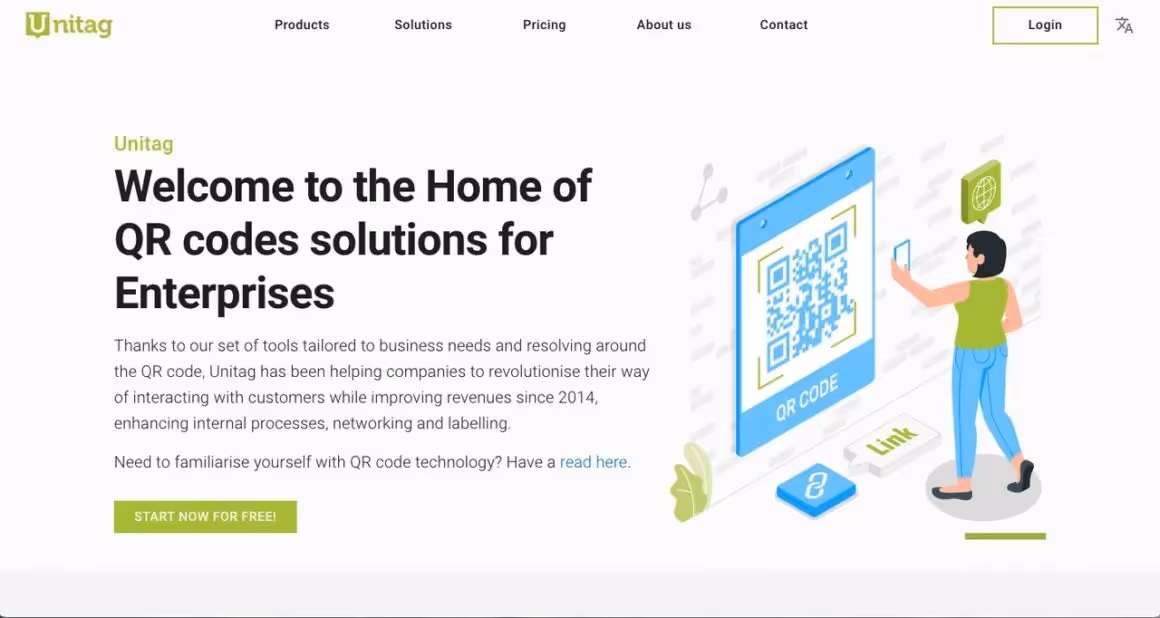 QR Code Generator homepage by Unitag with an illustration of a girl scanning a big QR code with her phone on the right side of the page and a text in big font on the left side that says “Unitag Welcome to the Home of QR codes solutions for Enterprises”.