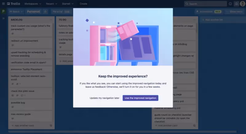 Trello promotes improved navigation at the end of the tour