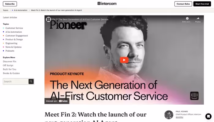 Conteúdo de vídeo do site da Intercom