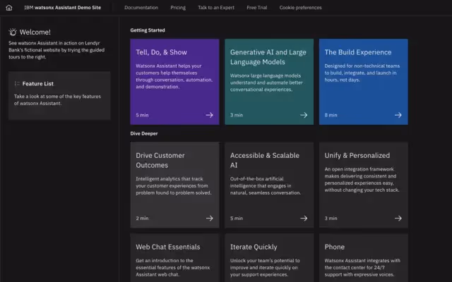 Captura de tela do site de demonstração do IBM Watsonx Assistant
