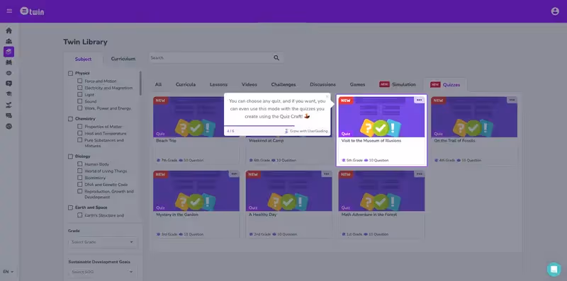 Twin Science using UserGuiding's tooltip to gather attention to a specific section on page