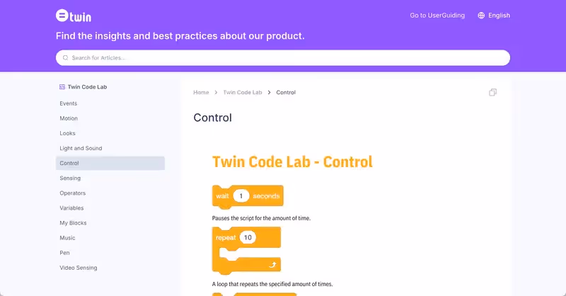 Twin Science's knowledge base in English created with UserGuiding