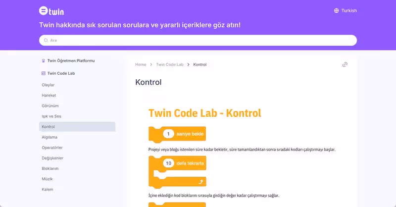 Twin Science's knowledge base in Turkish created with UserGuiding