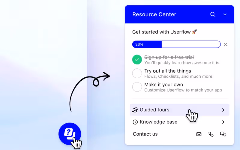 As centrais de recursos do Userflow fornecem as ferramentas necessárias aos usuários para que eles possam resolver os problemas por conta própria