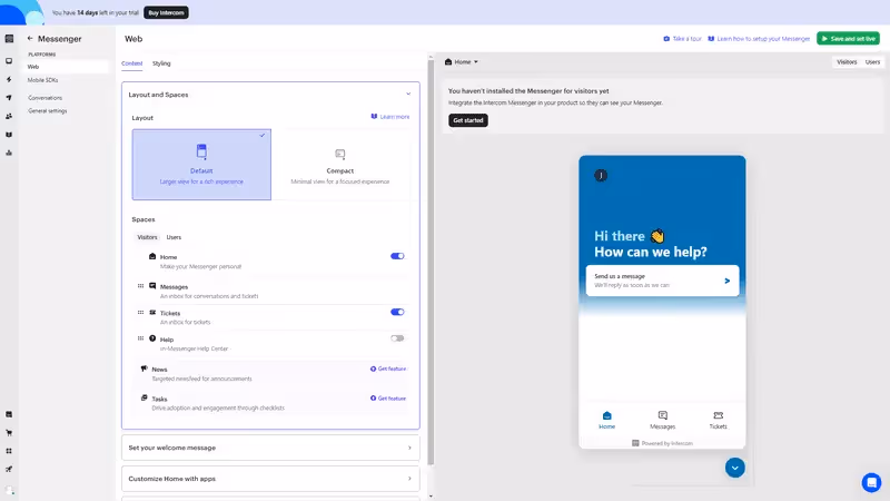 Painel de mensagens no aplicativo da Intercom
