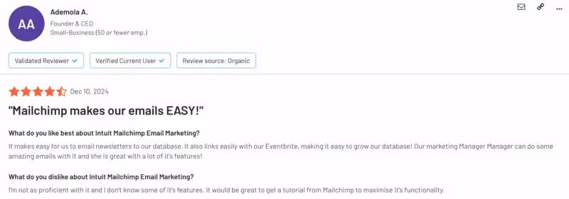Avaliações de um usuário do G2 para o Mailchimp