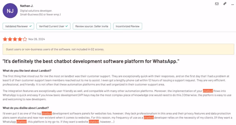 Avaliação do Landbot.io no G2