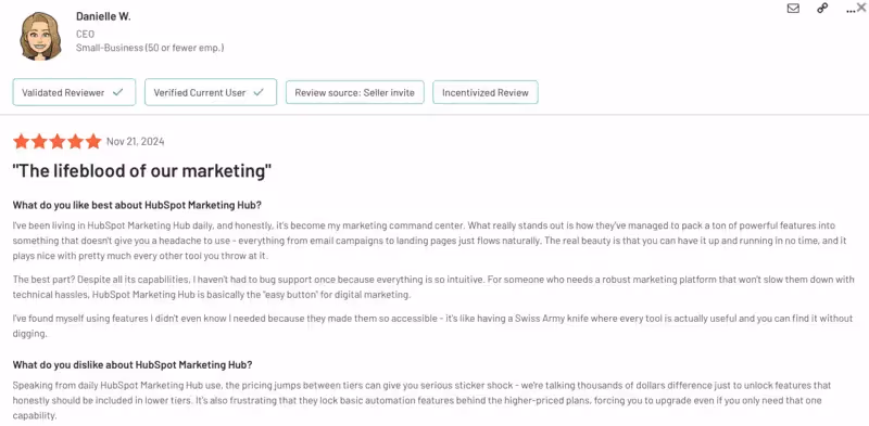 HubSpot's G2 review.